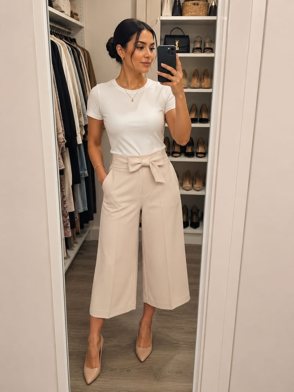 ANTONIO MELANI Cream Tie-Waist Wide-Leg Cropped Pants